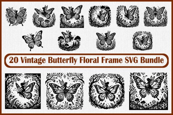 20 Vintage Butterfly Floral Frame Graphics for Crafts