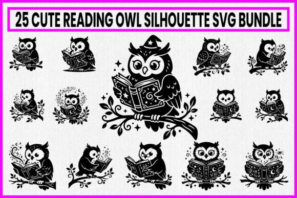 25 Cute Reading Owl Silhouette Bundle Graphics for Crafts