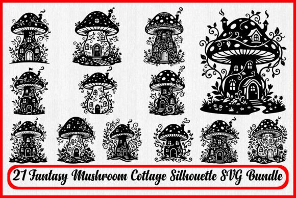 Fantasy Mushroom Cottage Silhouette Graphics for Crafts