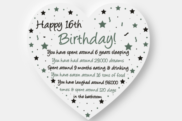 Fun 16th Birthday Heart Card Graphics for Crafts