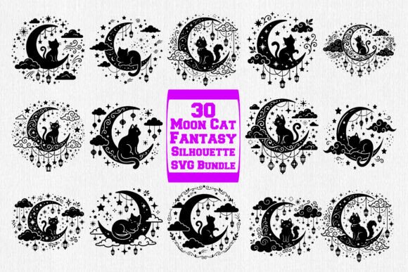 Moon Cat Fantasy Silhouette SVG Bundle for Crafts and Graphics